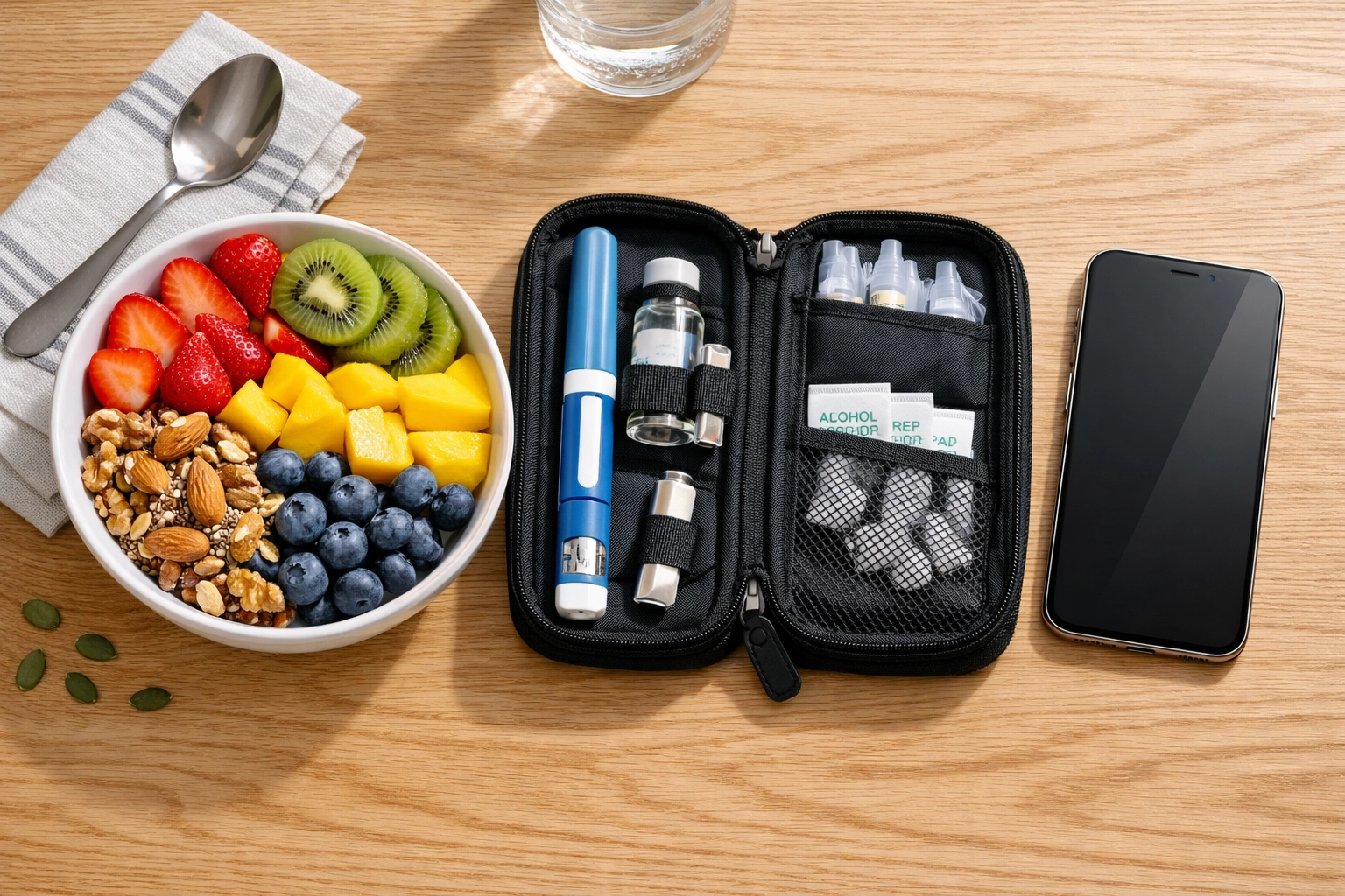 Healthy food and medical weight loss supplies representing a structured weight management routine.