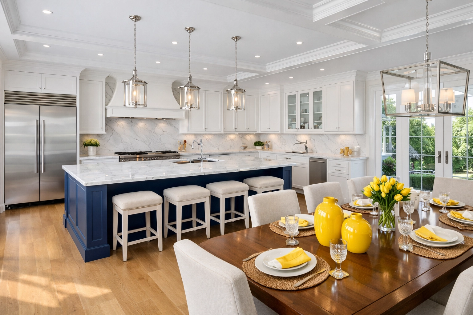 A sparkling luxury kitchen and dining area in Wellesley after a thorough professional deep cleaning.