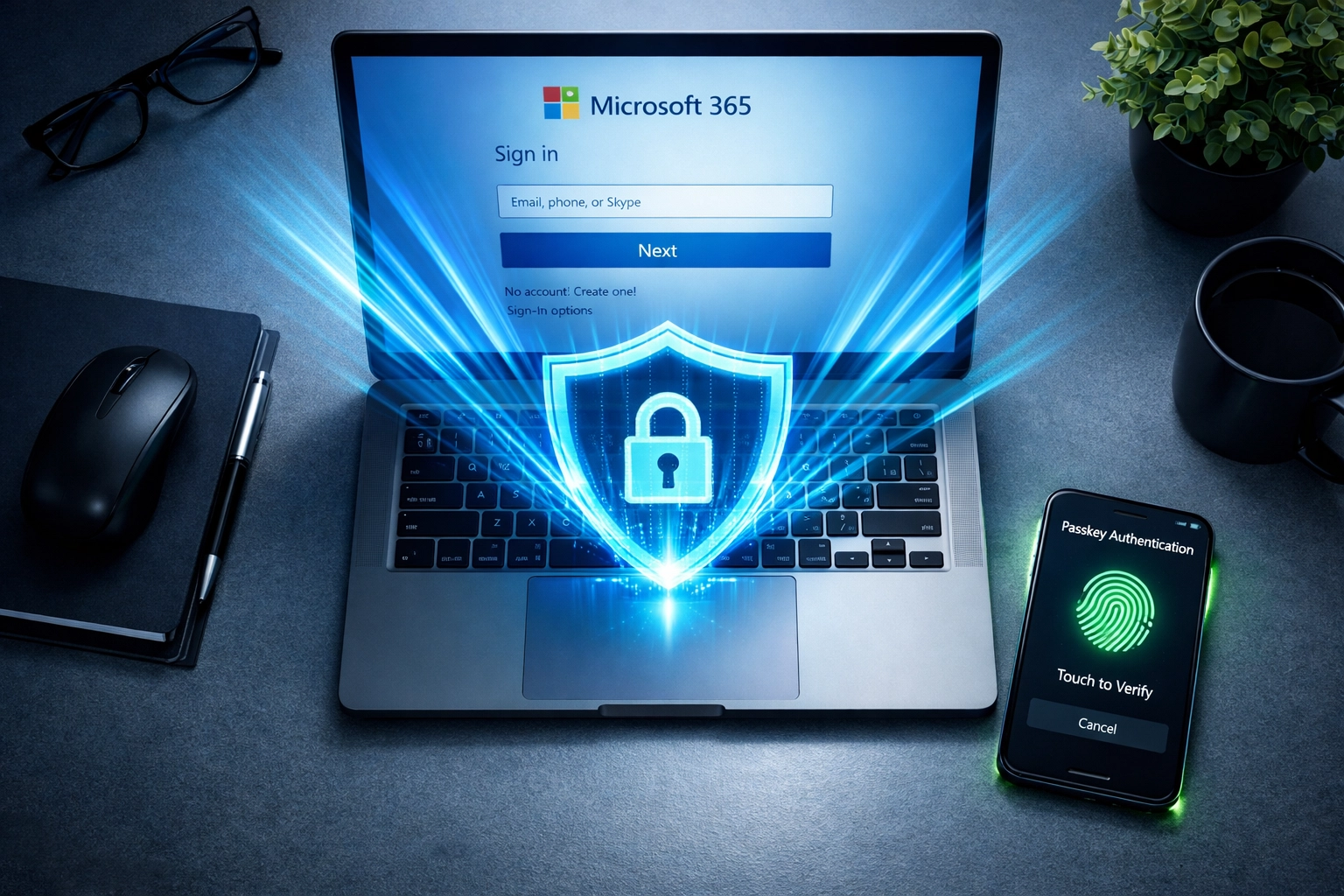 Microsoft 365 passkey authentication with digital security shield and fingerprint verification