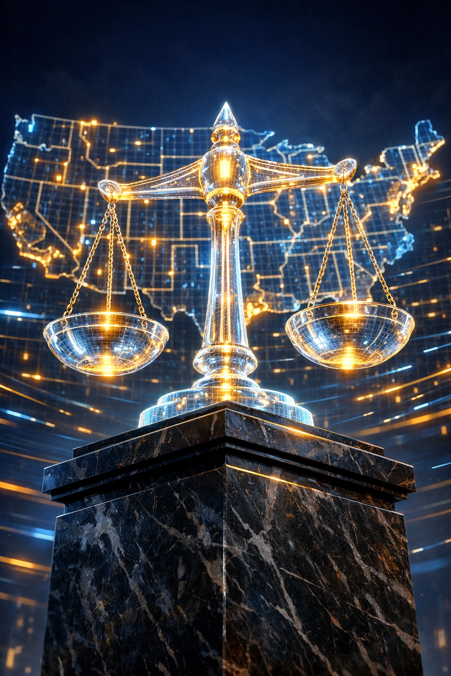Larecoin US compliance for cryptocurrency payments shown with a digital scale of justice and map.