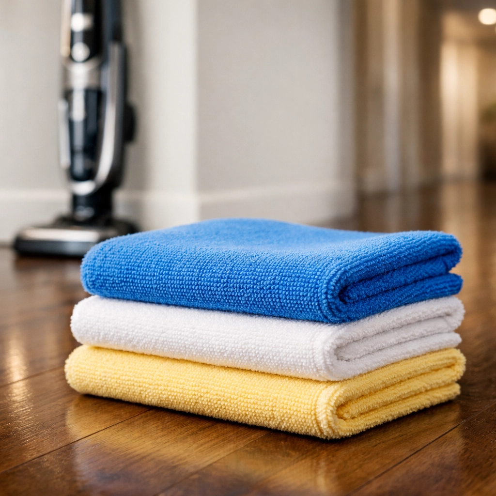 Fresh microfiber cloths and a modern vacuum prepared for deep cleaning your Massachusetts home floors.