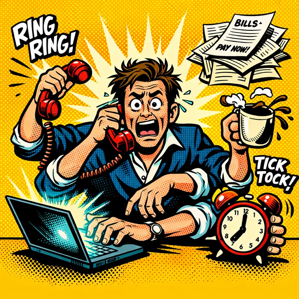 Overwhelmed small business owner multitasking and juggling office tasks before using AI.