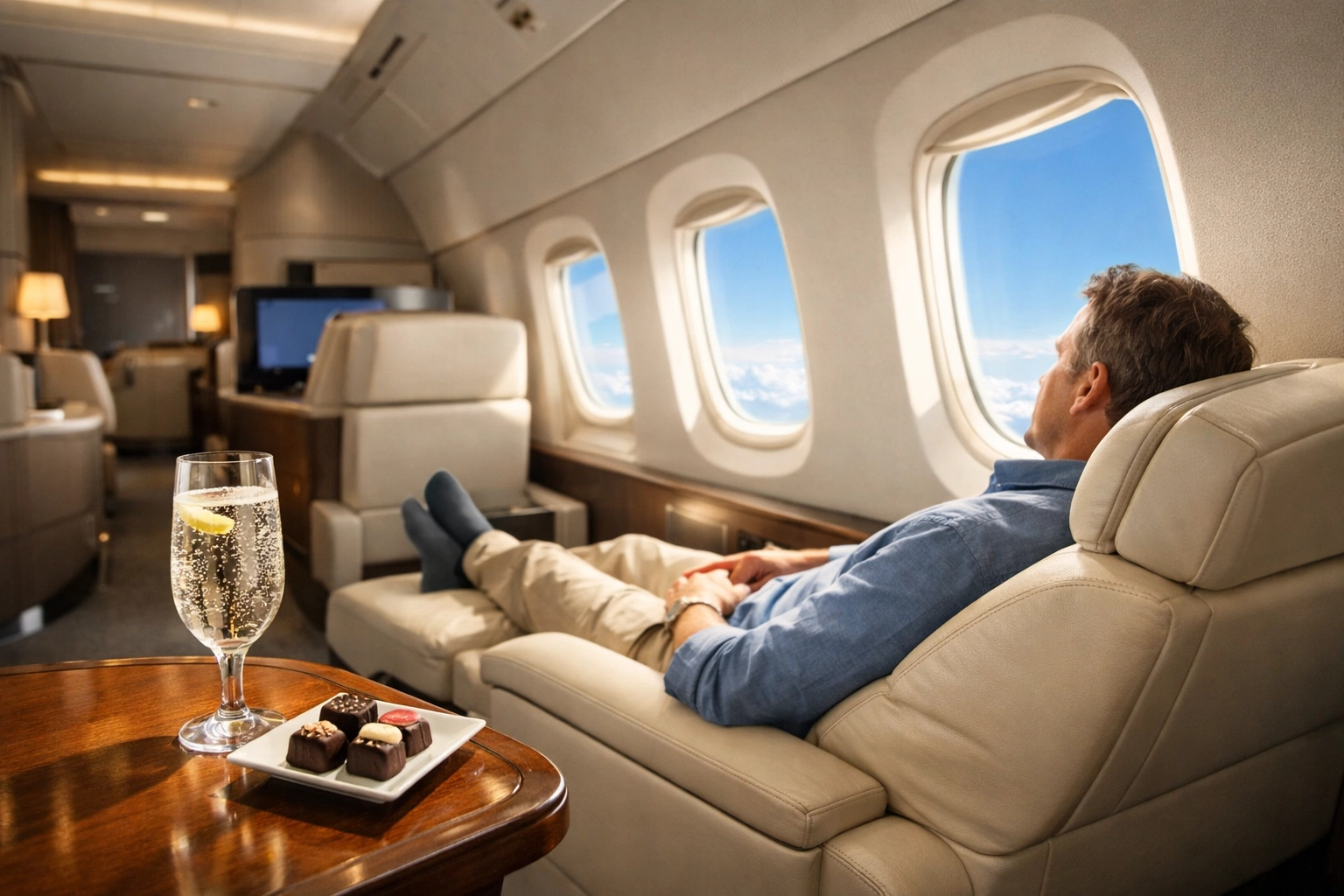 A traveler enjoys a spacious luxury airplane cabin, highlighting the comfort of premium travel.