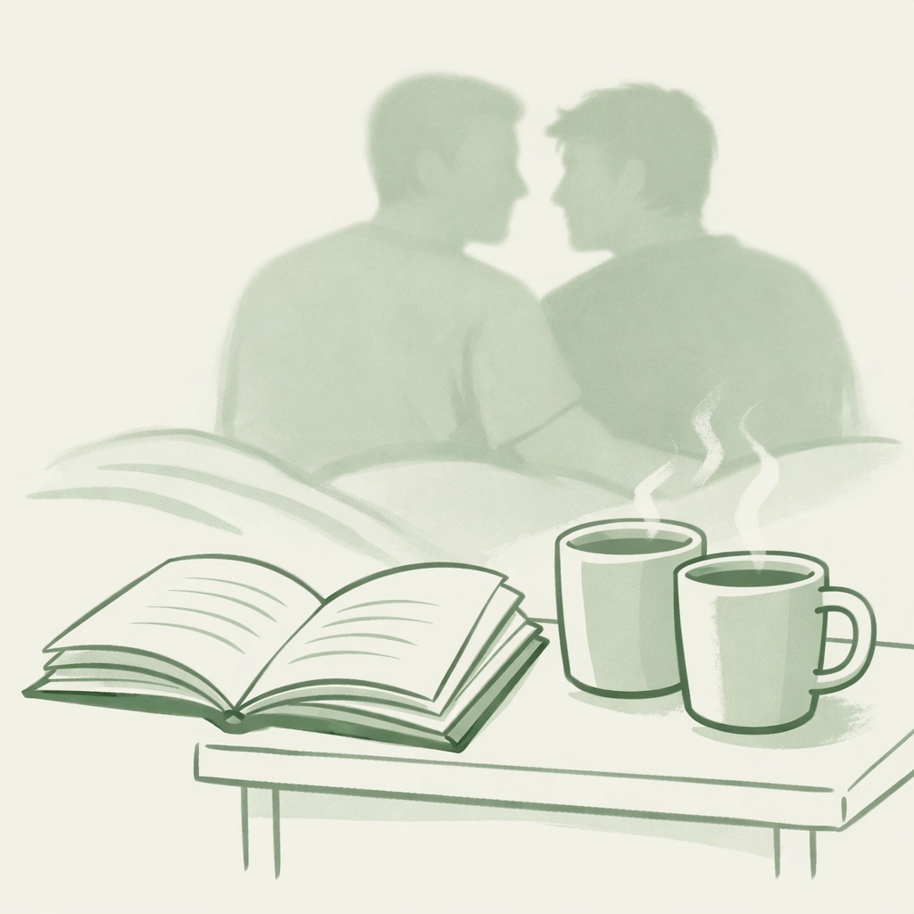 Literary gay romance book with couple reading - MM romance emotional depth