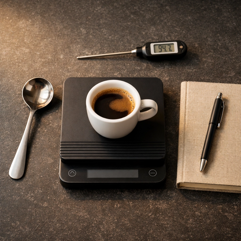 Top-down view of a coffee quality control station with a scale and thermometer for consistent brewing.