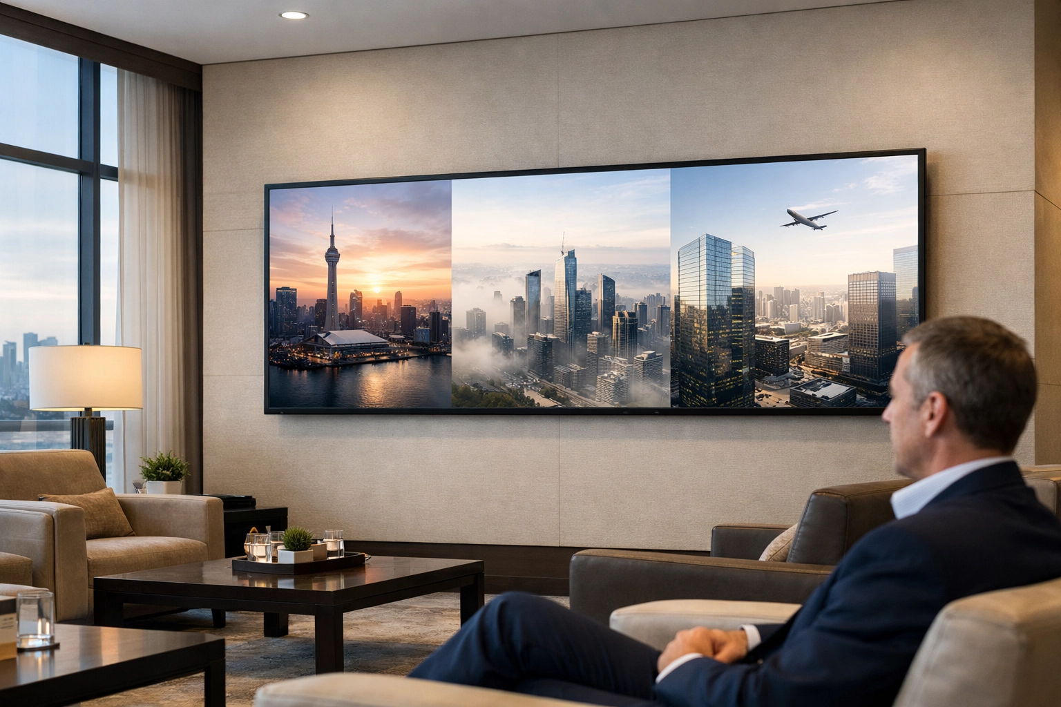 Corporate lounge digital signage display showcasing professional content for high dwell-time media engagement.