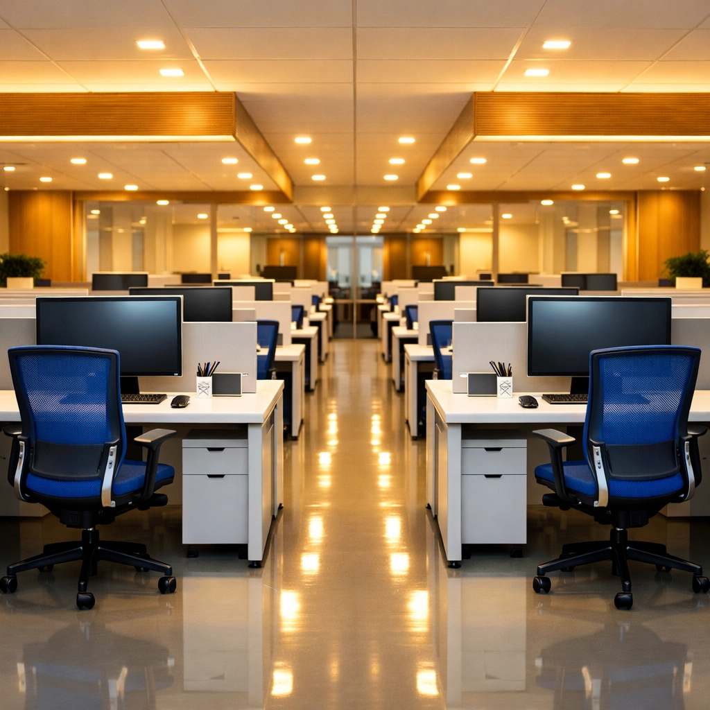 Organized Spencer MA office workstations with perfectly sanitized white desks and blue chairs.