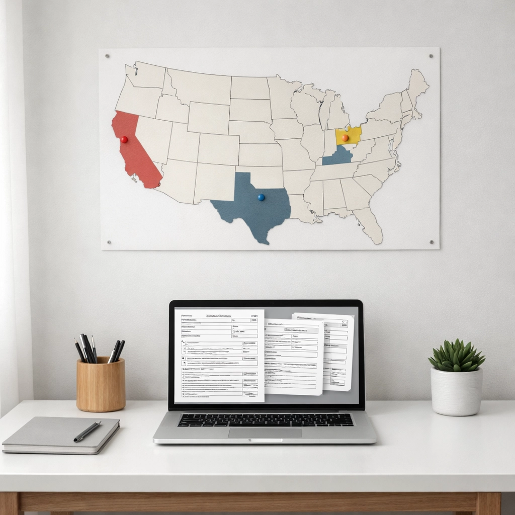 Tax professional workspace with US map highlighting state-specific filing requirements