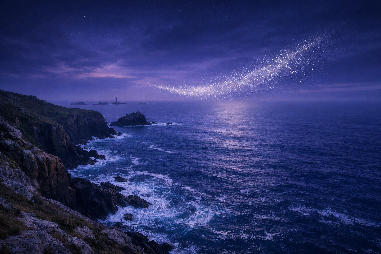 Dignified ashes scattering at twilight over the Cornwall coastline and Atlantic Ocean near Land's End.