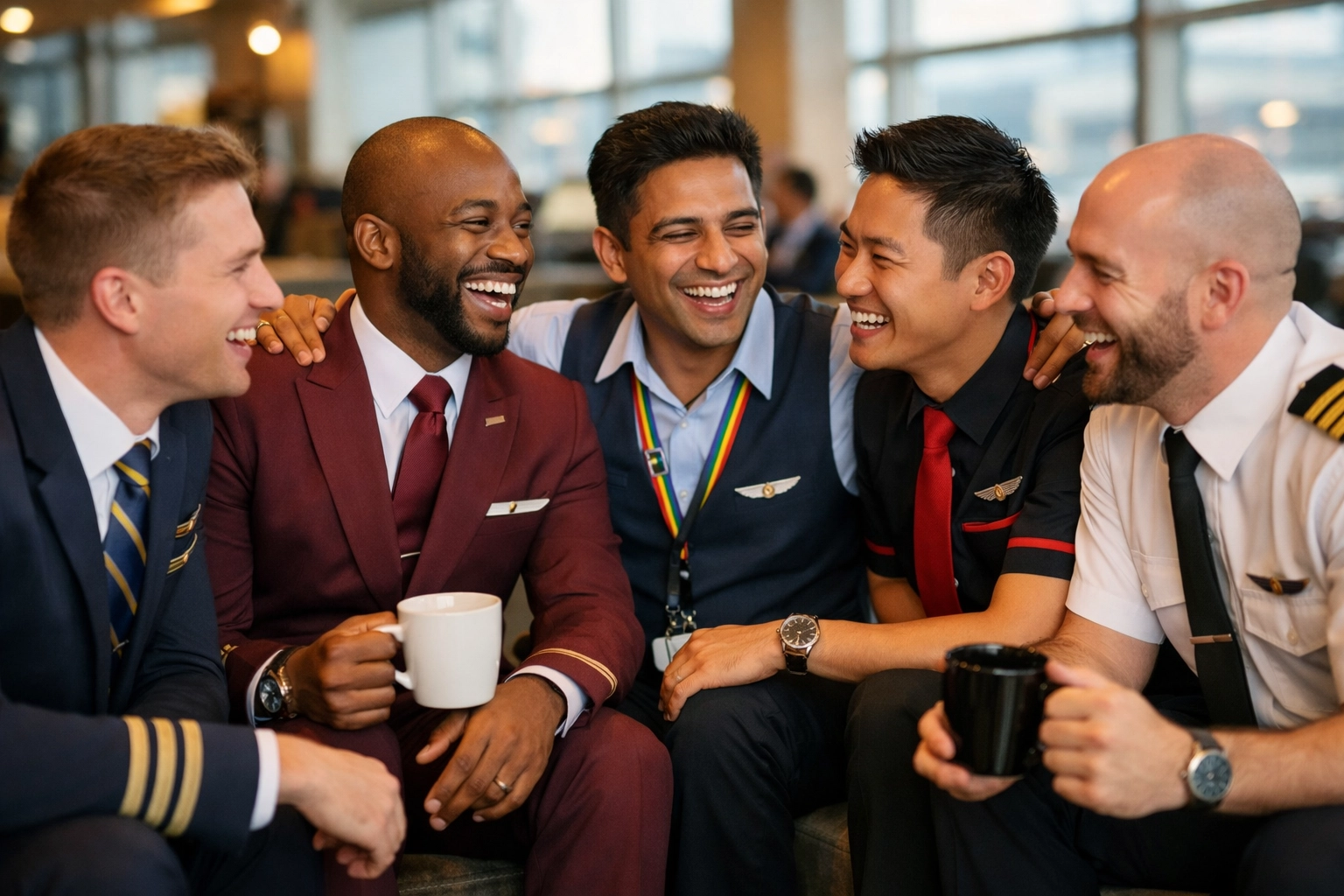 LGBTQ+ flight crew community gathering in airport lounge