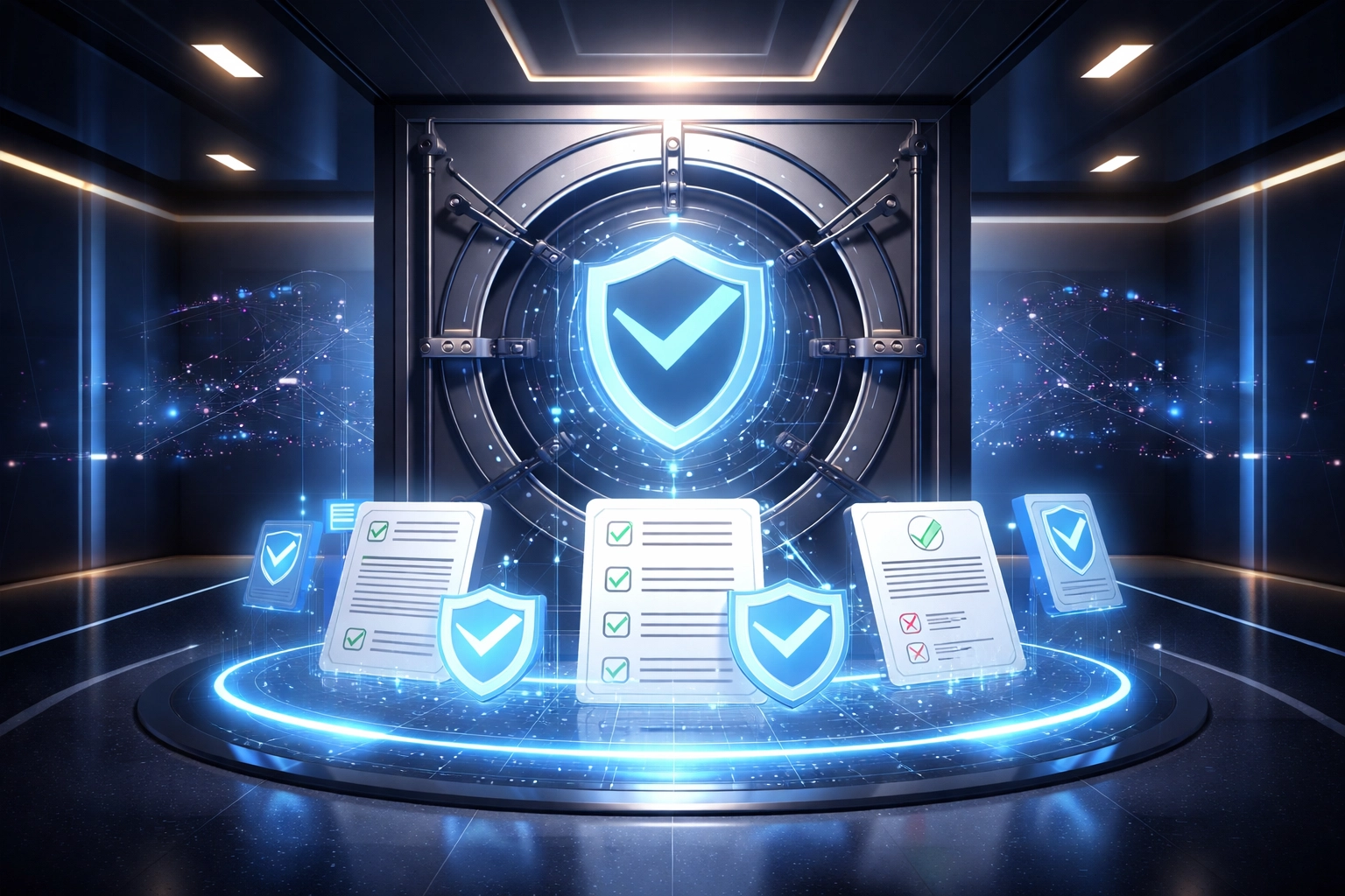 Futuristic digital vault symbolizing crypto payment processor compliance and trust, featuring blockchain security details
