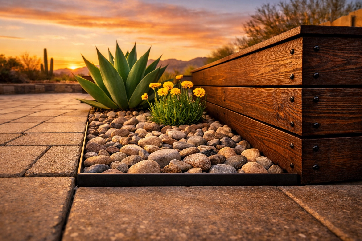 Professional Tucson landscaping with custom wooden planter box, stone pavers, and low-maintenance river rock.