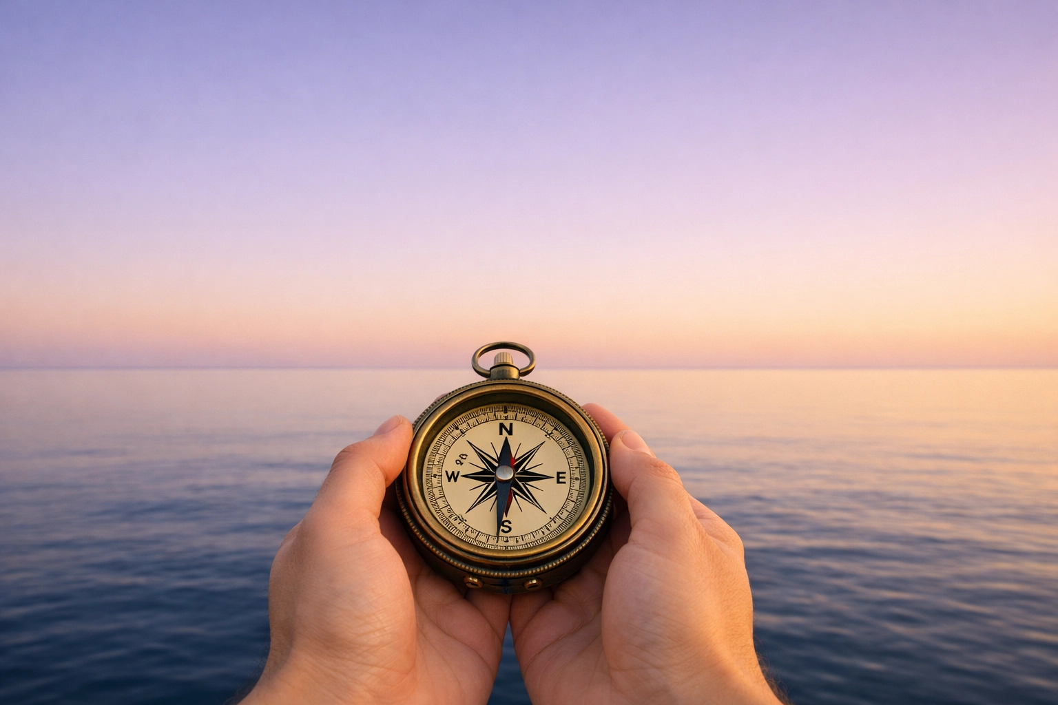 Hands holding a brass compass over a calm sea, illustrating spiritual direction and commitment to the Gospel.