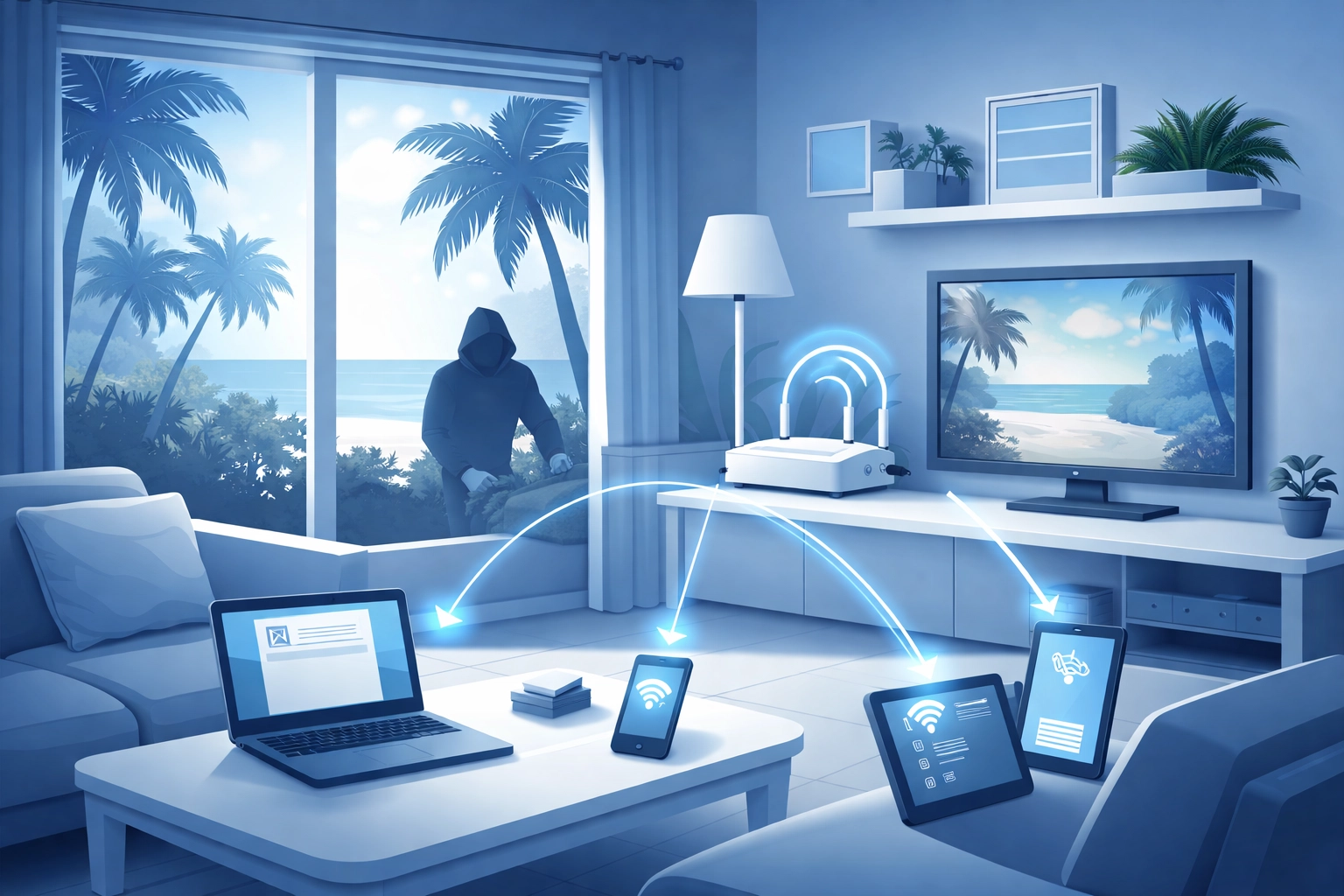 A Florida family’s living room with multiple devices connected to a home router and a hacker silhouette outside, highlighting wireless network security risks.