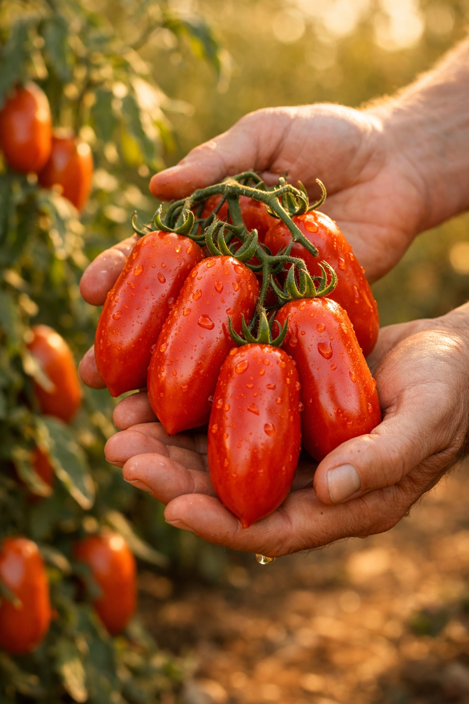 Freshly harvested San Marzano tomatoes on the vine in a home garden