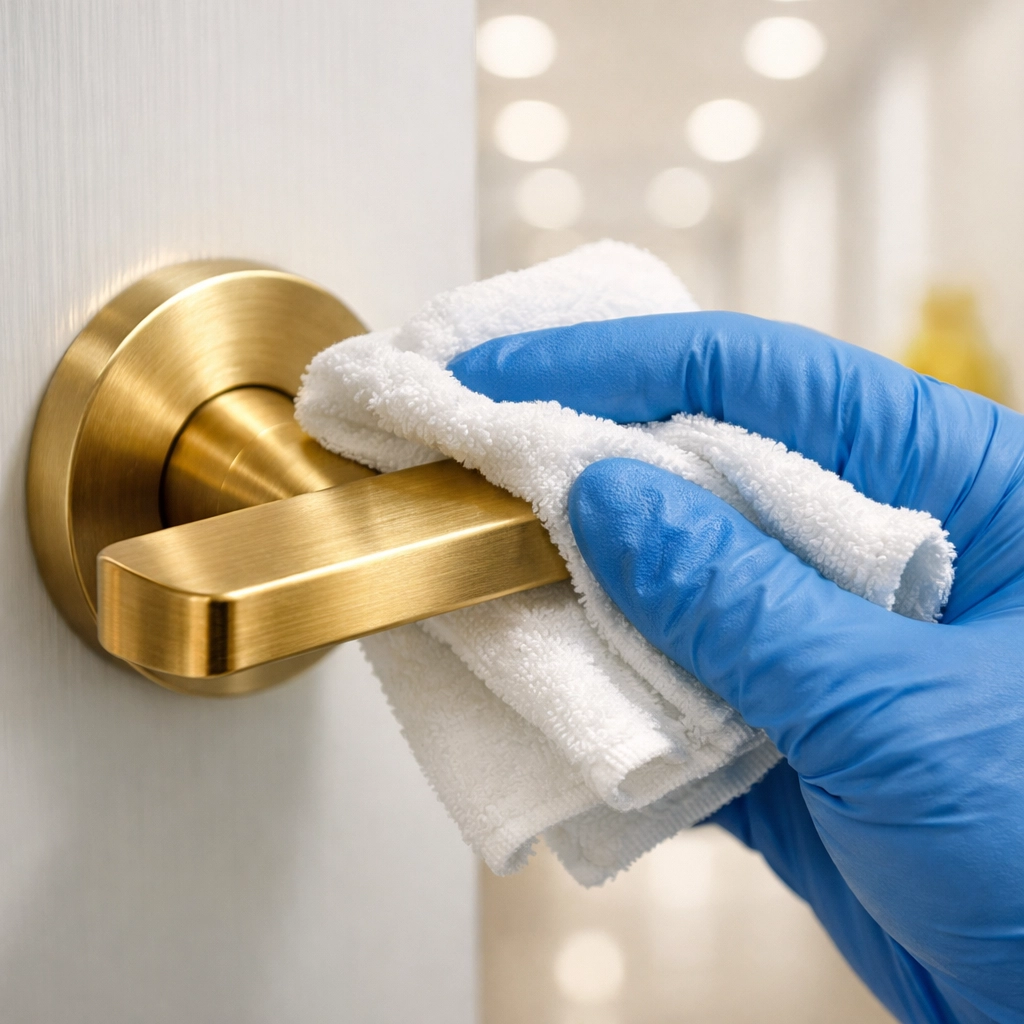 Professional disinfection of door handles during a deep cleaning in Littleton to improve home health.