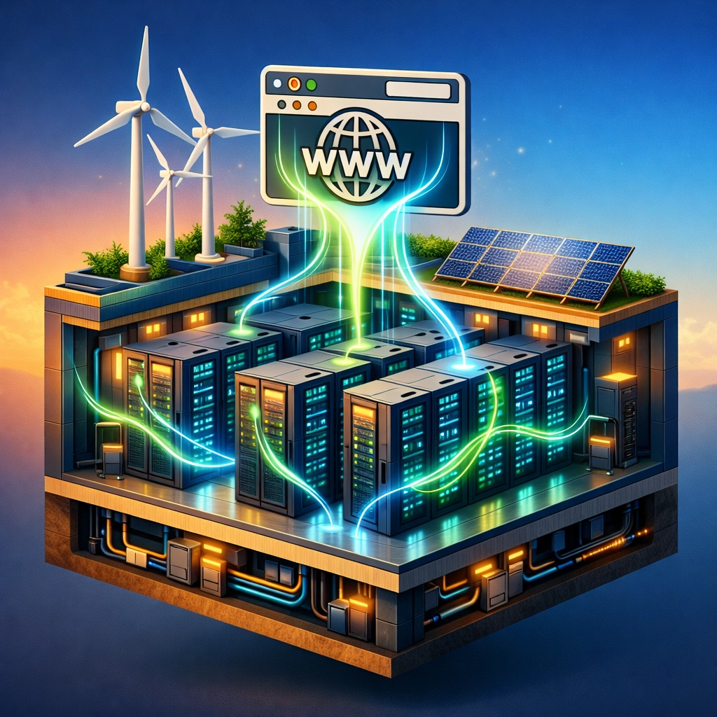 Green data center powered by renewable energy with solar panels and wind turbines