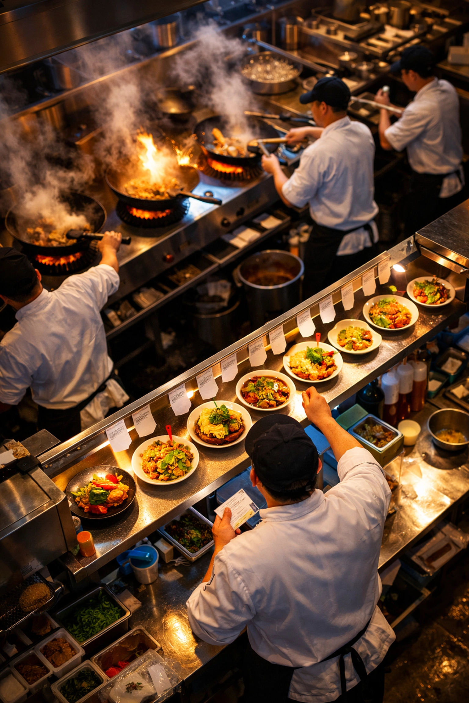 Busy restaurant kitchen during peak service showing operational systems and workflow efficiency