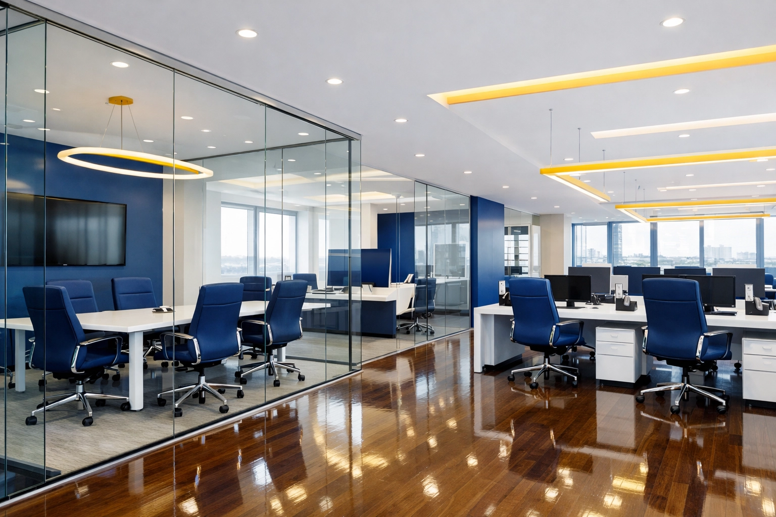 Clean office with polished hardwood floors after a professional commercial cleaning in Ashburnham MA.