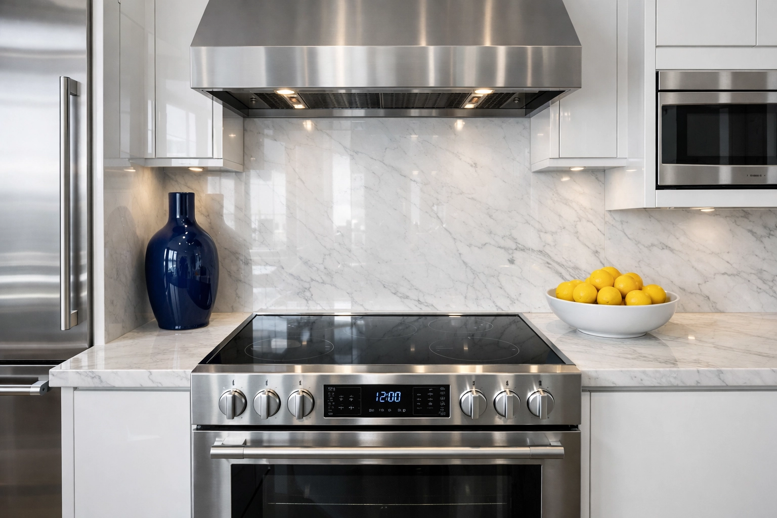 Professional Boston apartment cleaning results showing a spotless, grease-free luxury kitchen and stainless steel stove.