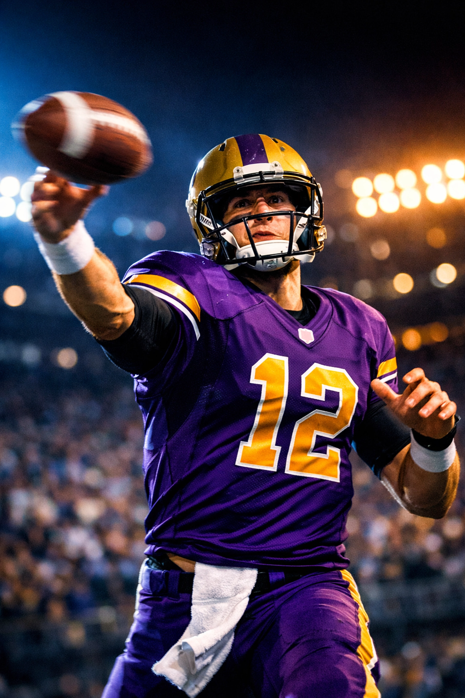 College quarterback throwing football during night game showing transfer portal talent