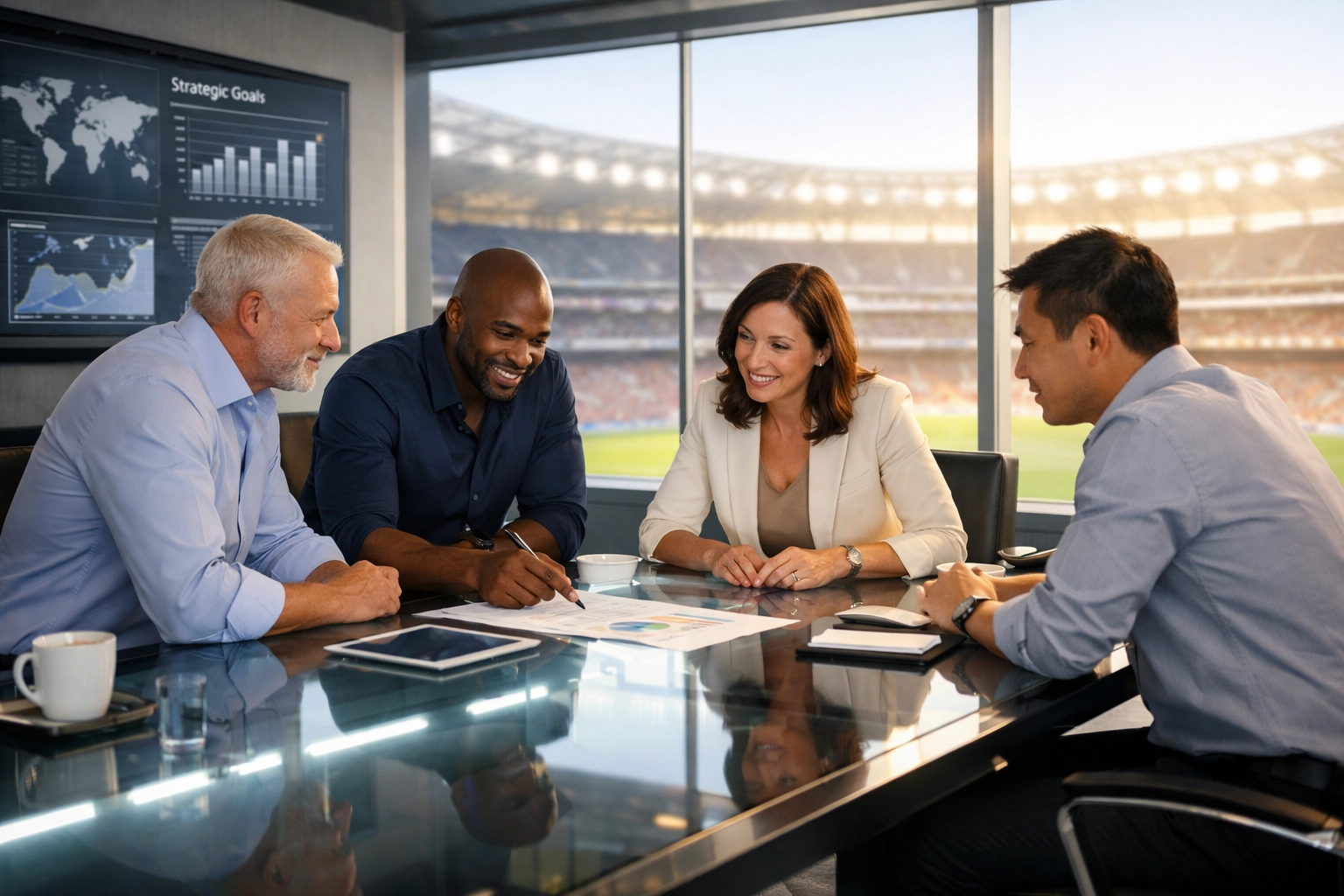 Executives in a strategy room planning high-stakes corporate branding for a major stadium event.