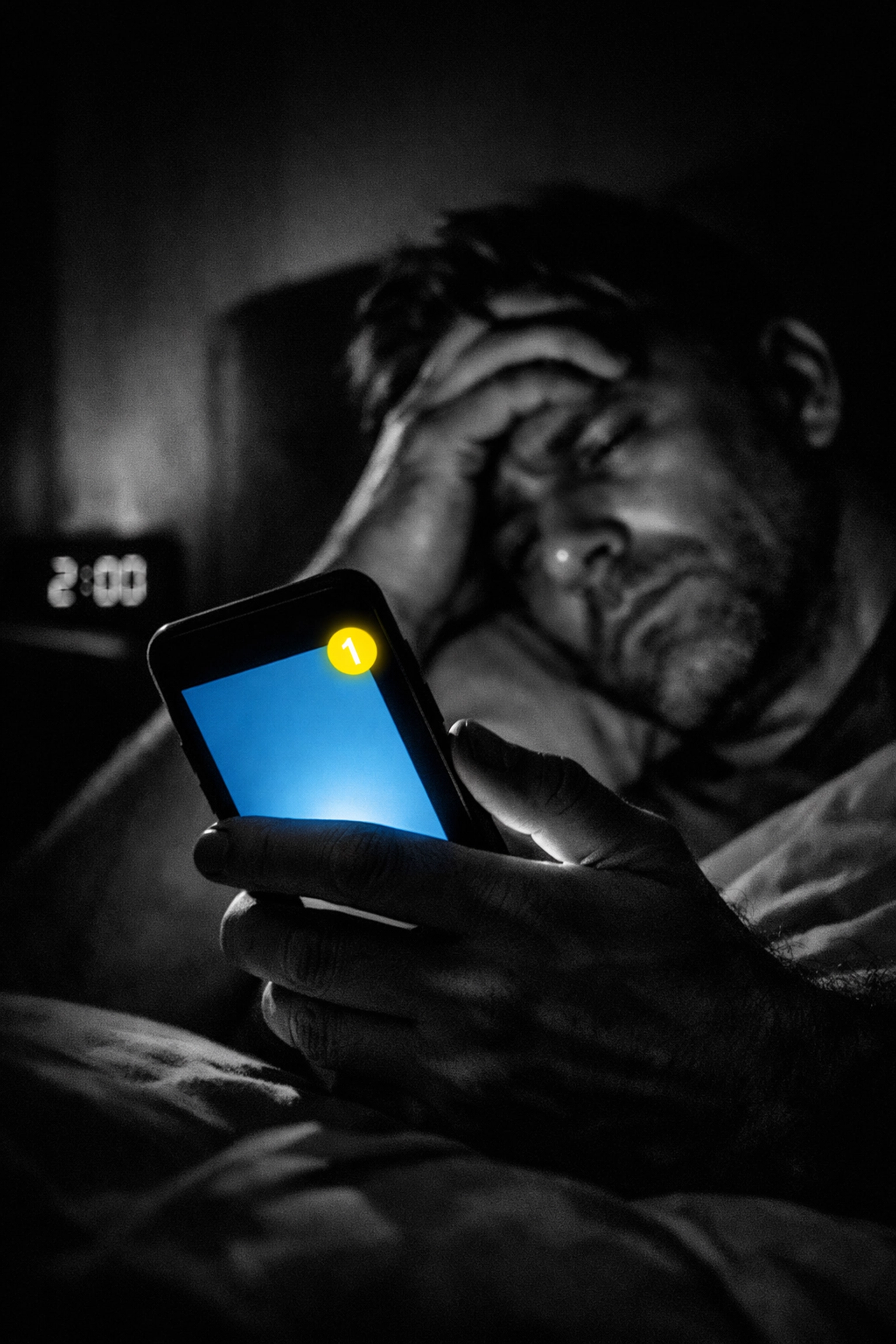 Business owner scrolling smartphone at 2 AM showing social media addiction and digital burnout