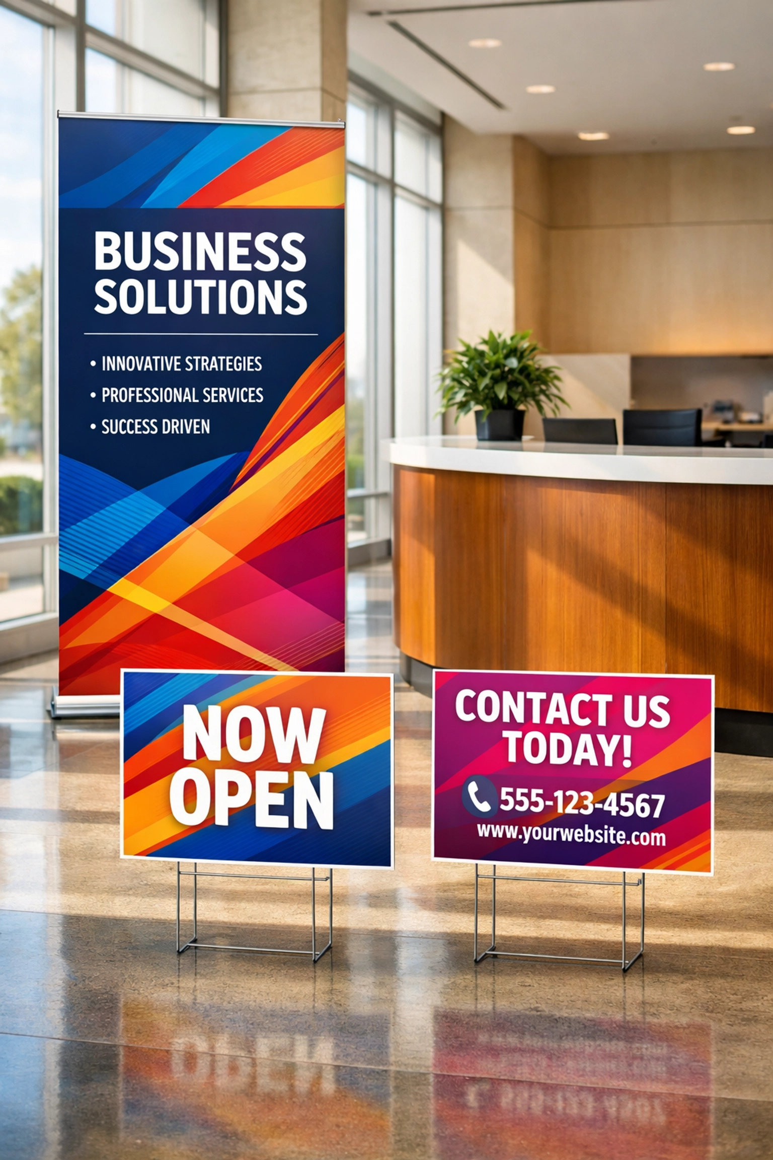Custom pop-up banner and yard signs displayed in a modern lobby for local business branding.