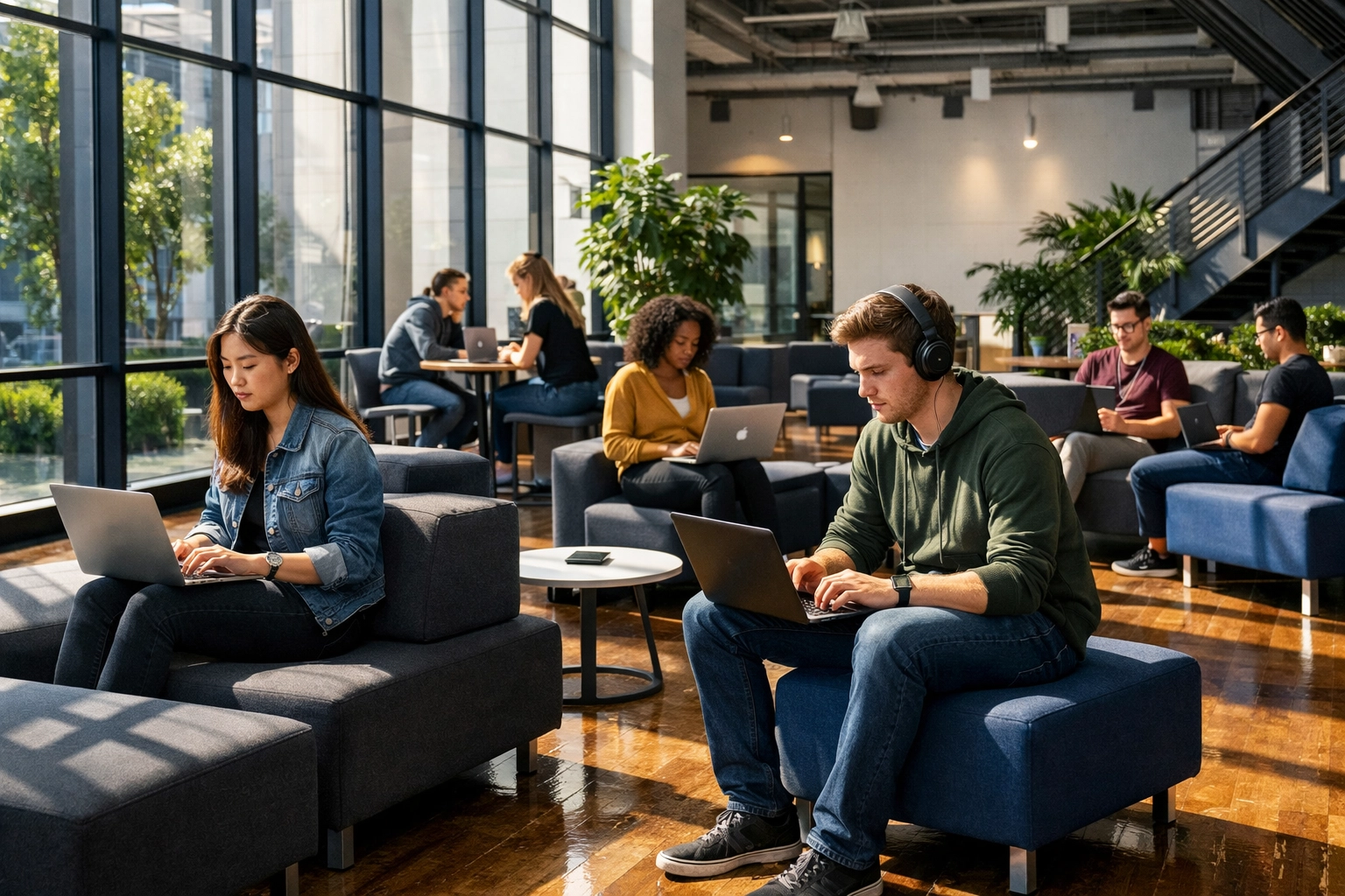 Students using laptops in a modern, collaborative university tech hub with modular ergonomic furniture.
