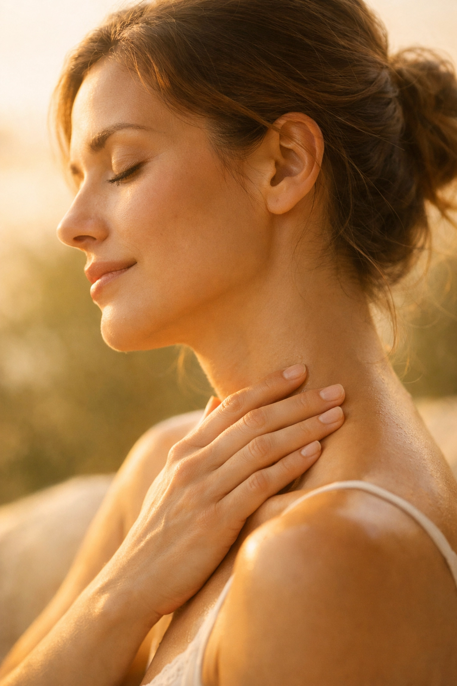Woman tuning into body signals by mindfully touching tense neck and shoulder area