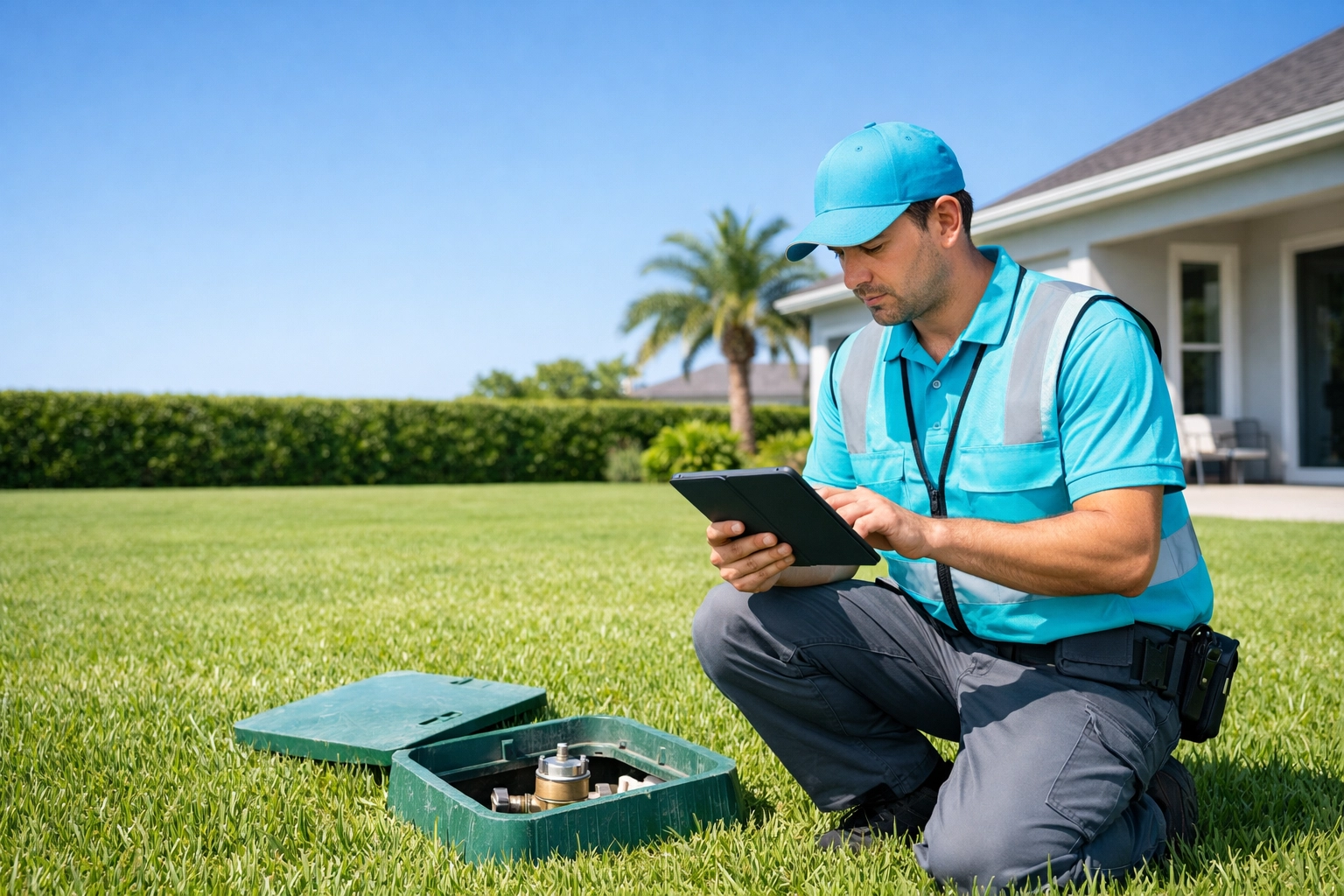 Emergency plumber Florida checking a water meter to confirm hidden plumbing leaks in a residential yard.