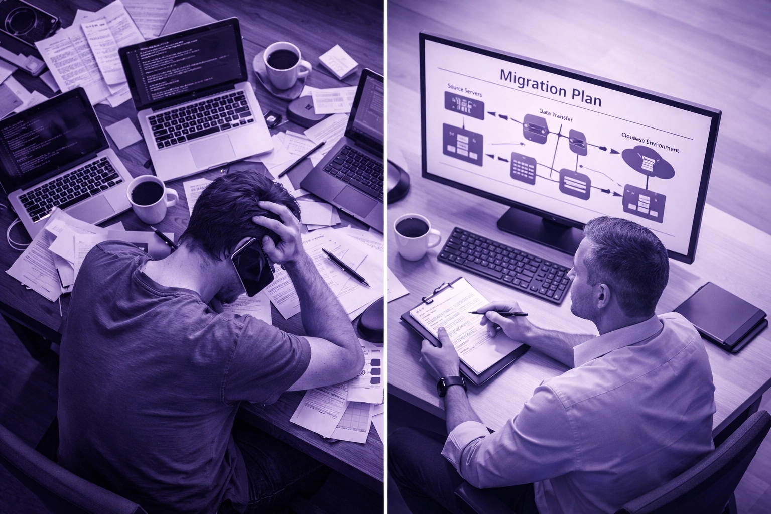Data center migration consultant reviewing organized migration plan versus chaotic DIY approach