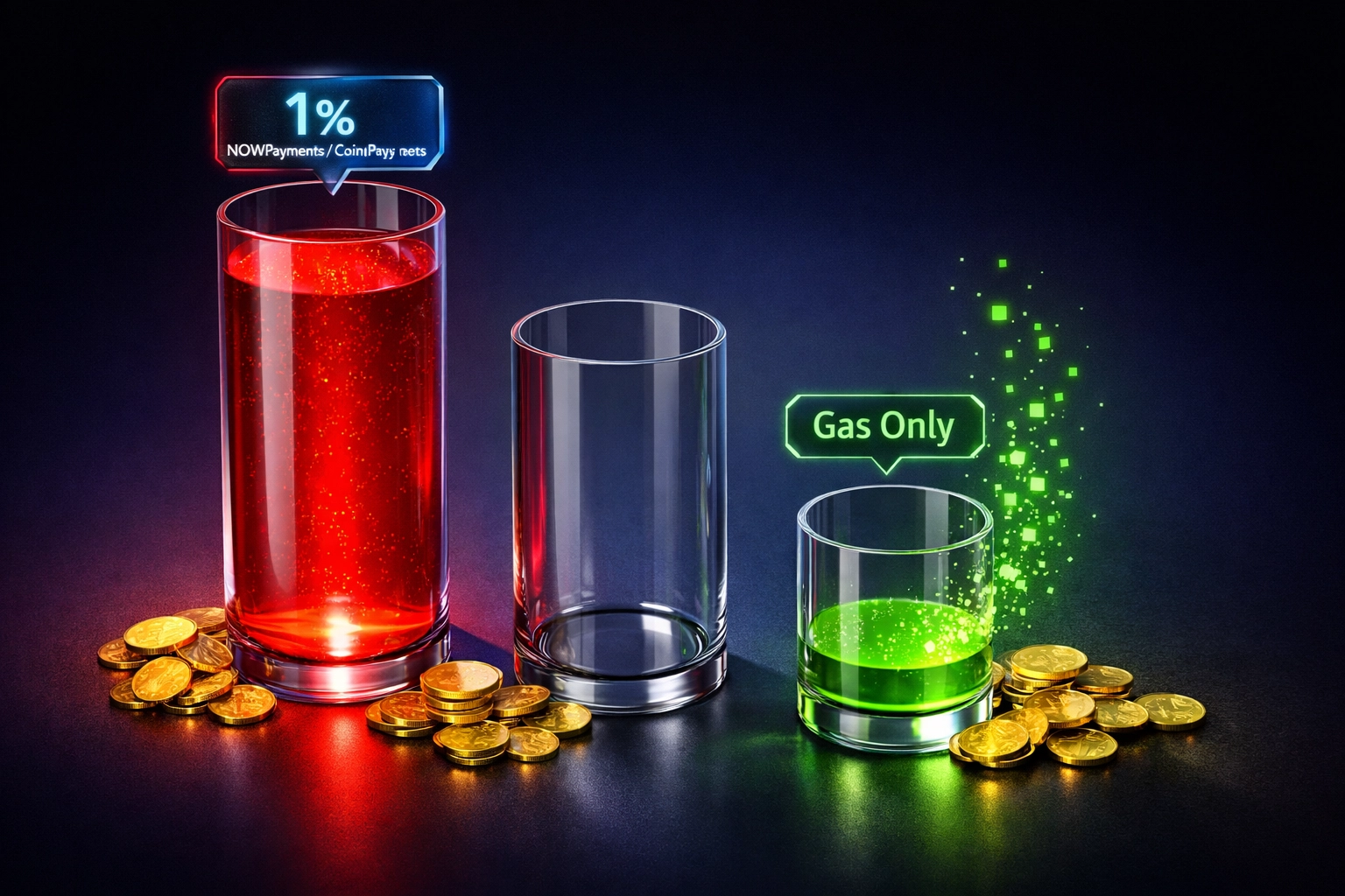Merchant fee comparison showing Larecoin's gas-only model versus NOWPayments and CoinPayments percentage fees