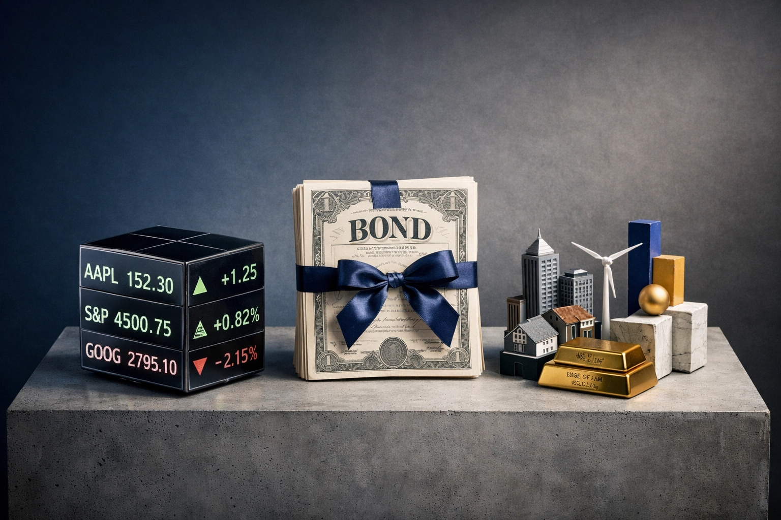 Visual breakdown of 40/30/30 portfolio: equities, fixed income, and alternative investments