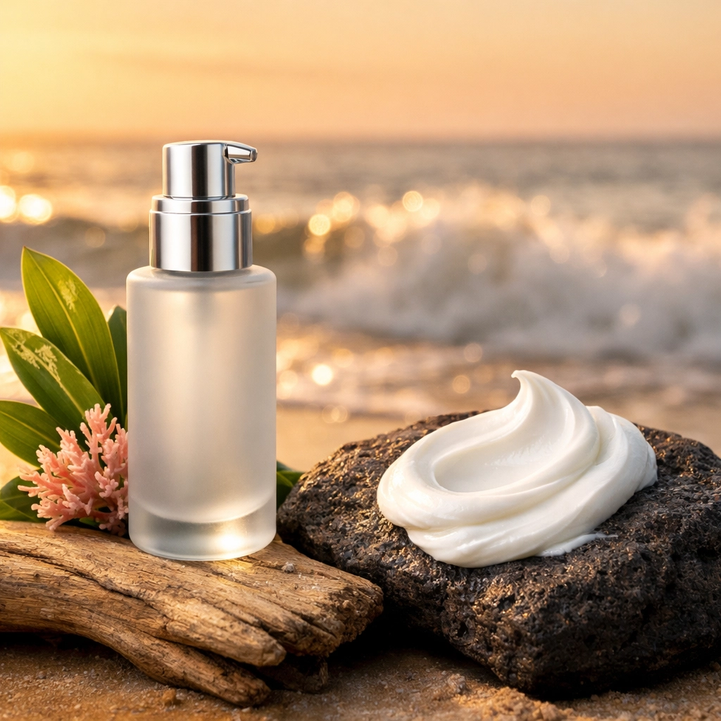 Eco-friendly mineral sunscreen bottle and white cream texture highlighting reef-safe and biotech-driven ingredients.