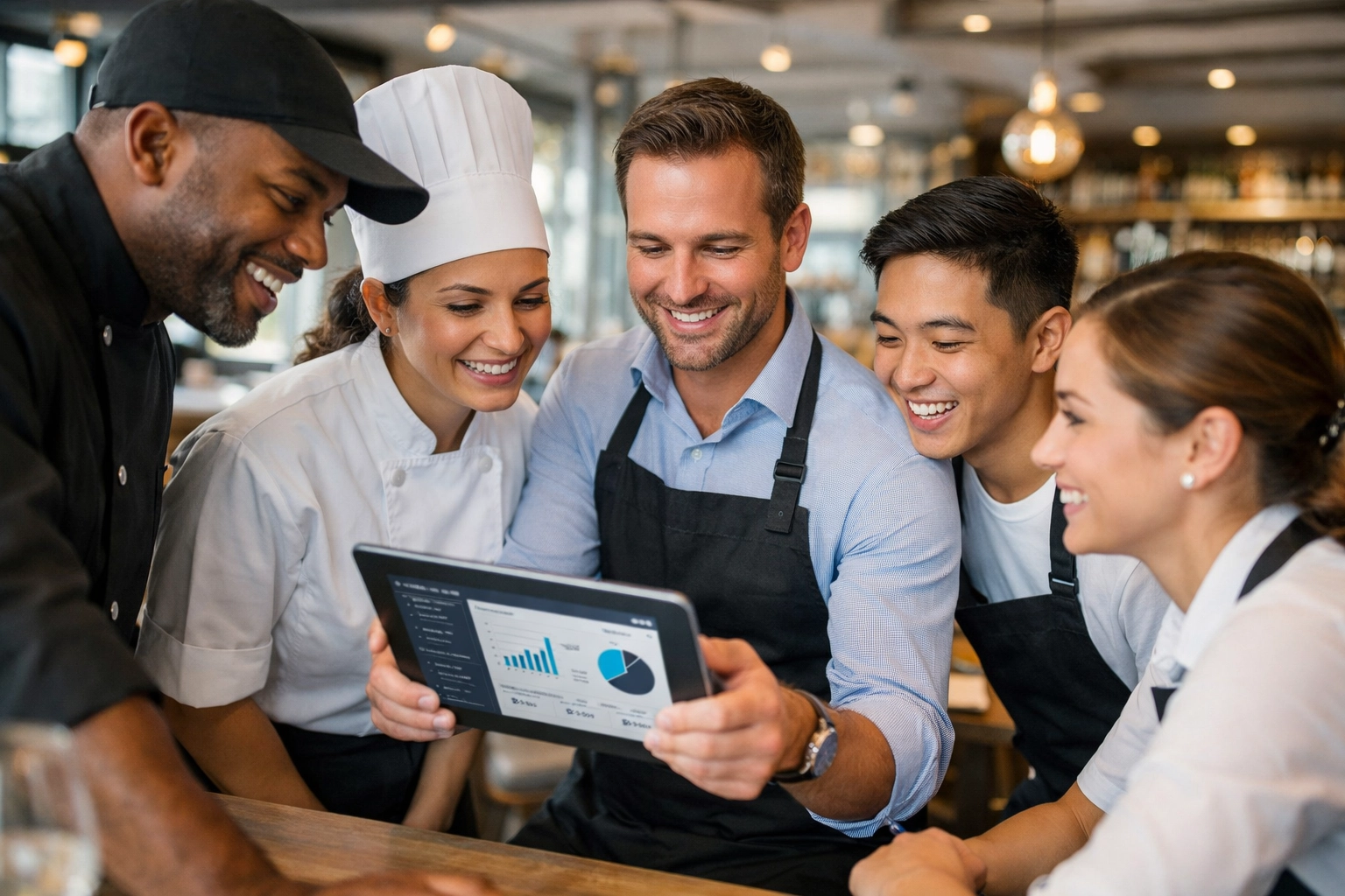 Restaurant team reviewing operational data for improved efficiency and growth