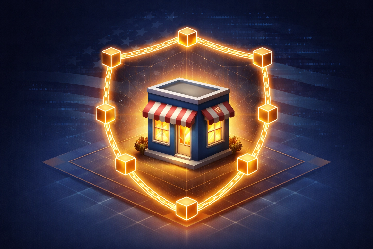 A blockchain shield protects a merchant storefront, illustrating Larecoin's strong US compliance and secure cryptocurrency payment solutions for businesses.