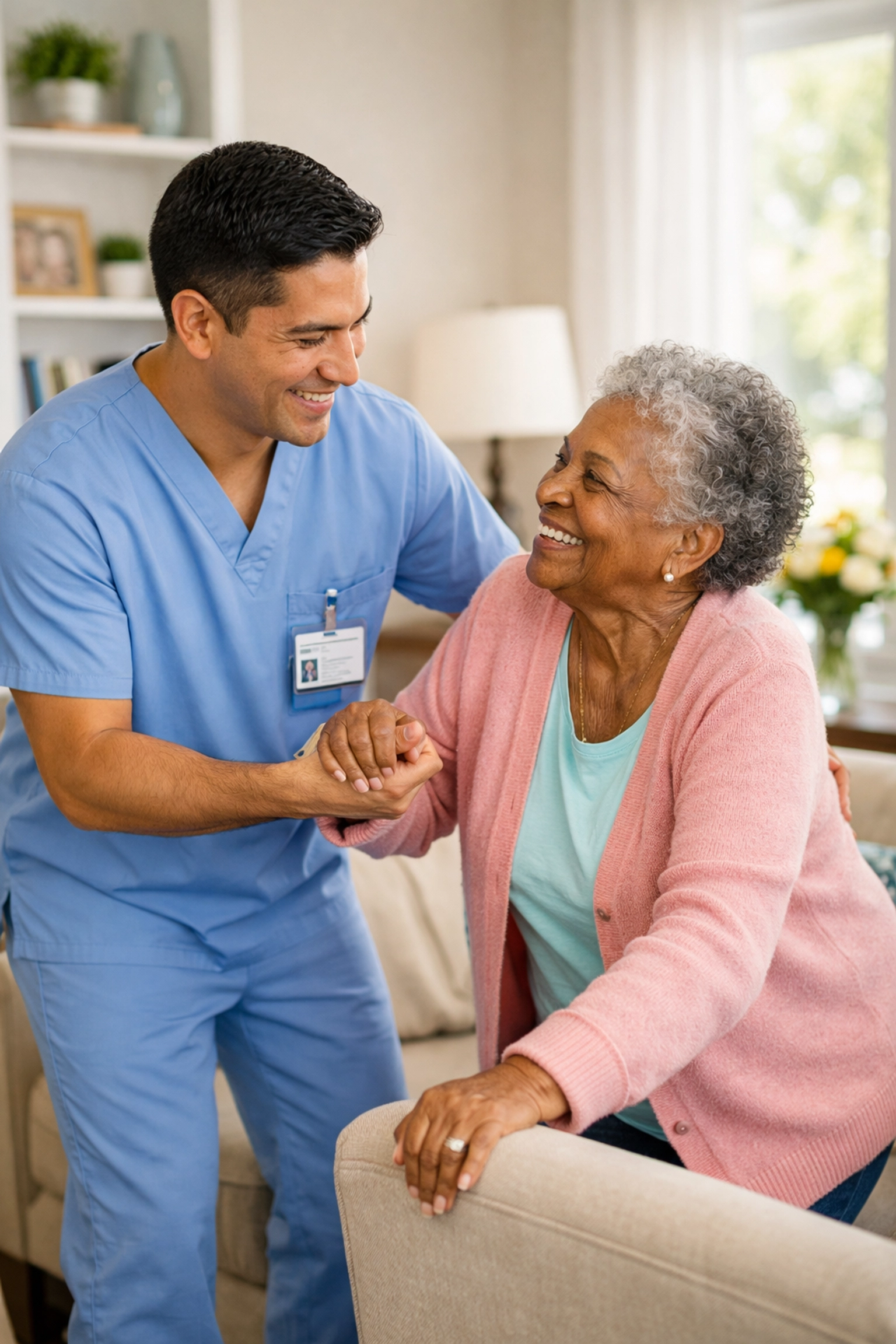 Caregiver demonstrating safe mobility and transferring skills learned through Seeding Hope Academy modules.