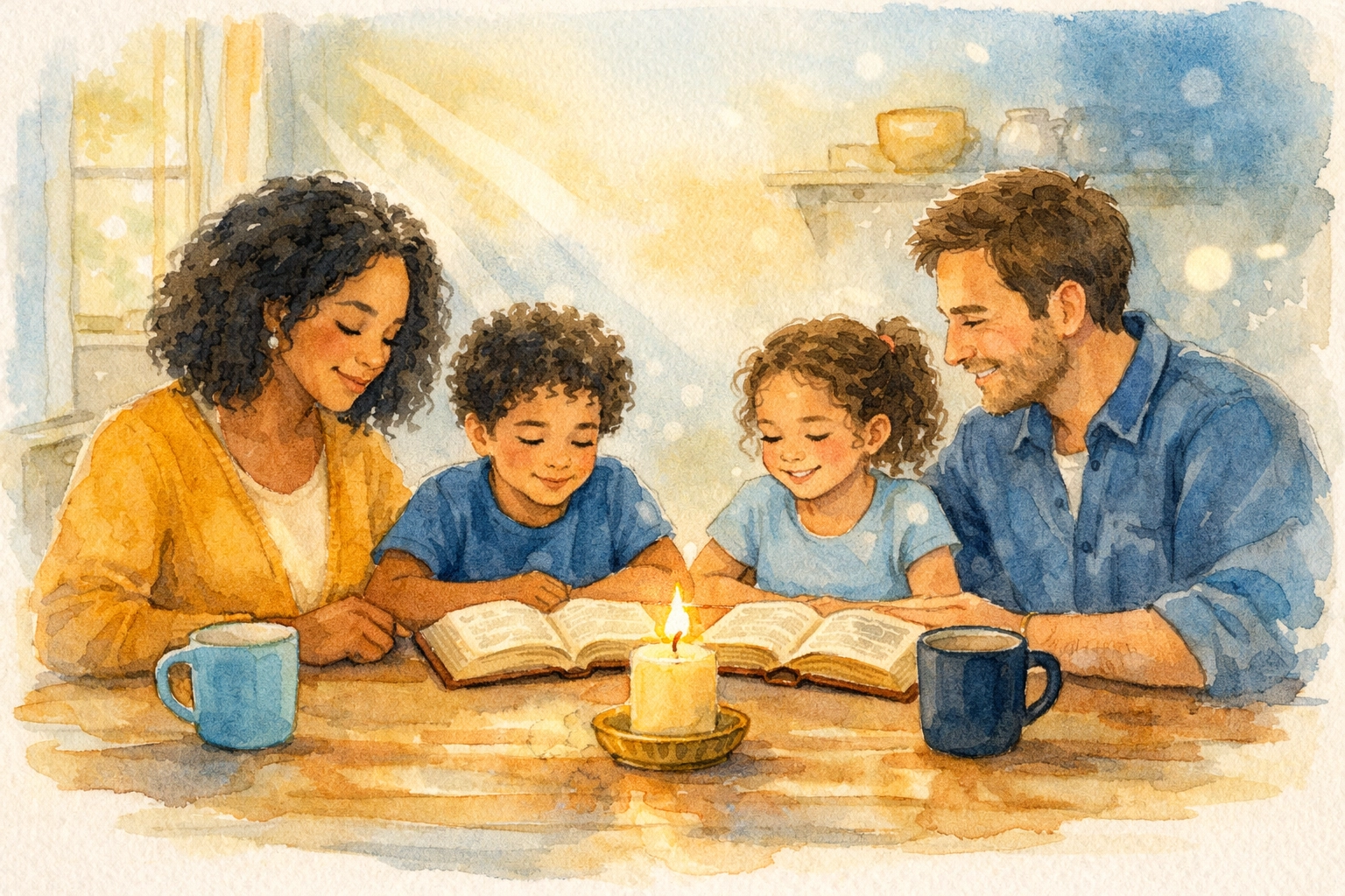 Diverse family gathering for Sunday worship at home with Bibles and prayer