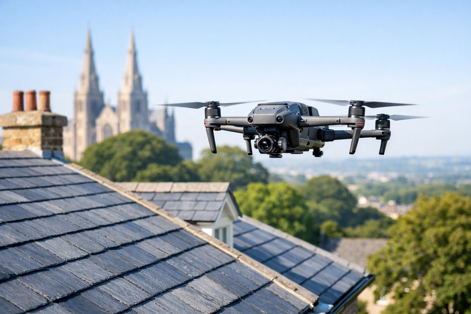 A modern drone conducting a professional roof survey on a historic slate roof in Armagh.
