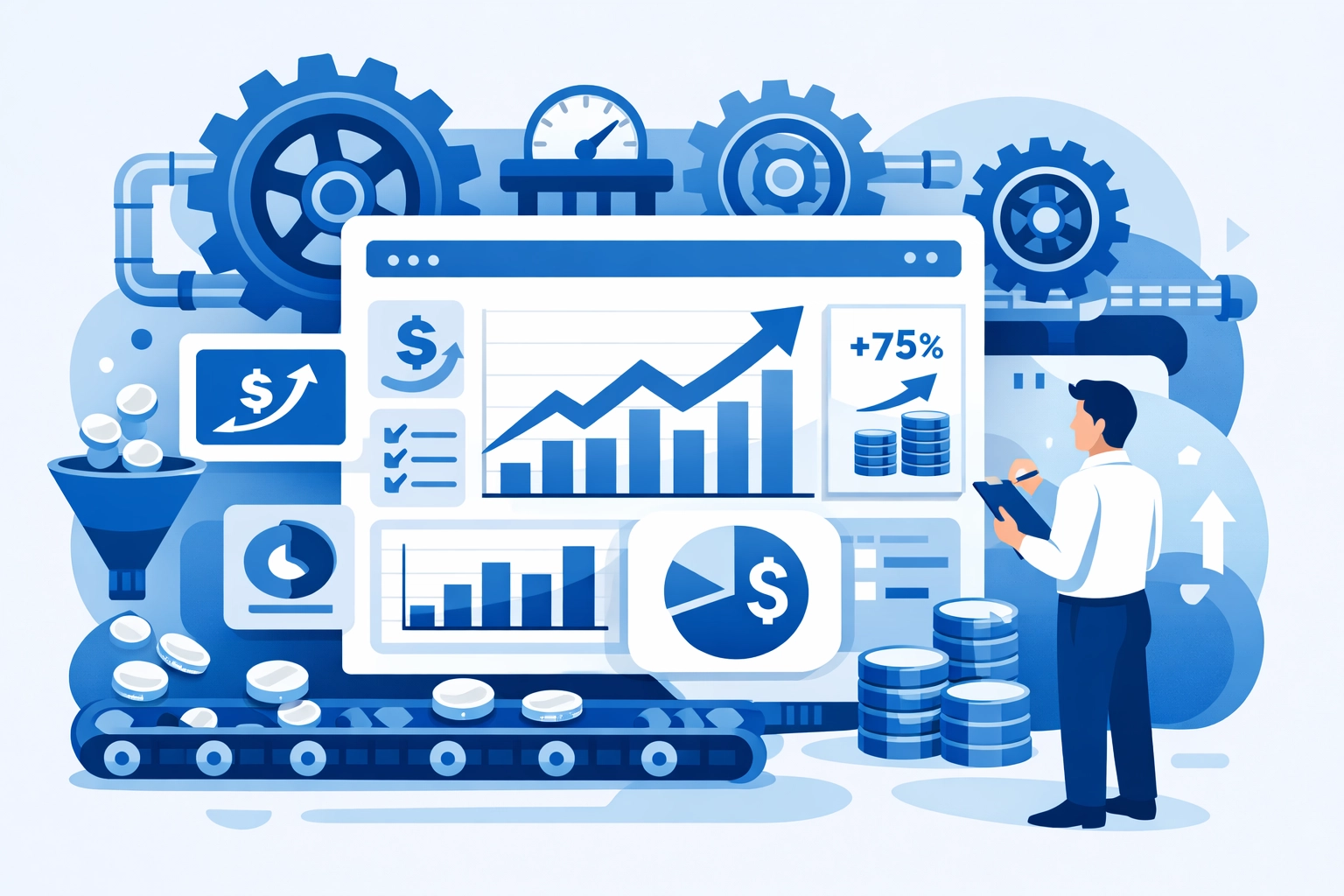 A data-driven revenue growth engine dashboard tracking metrics for a digital marketing agency near me.