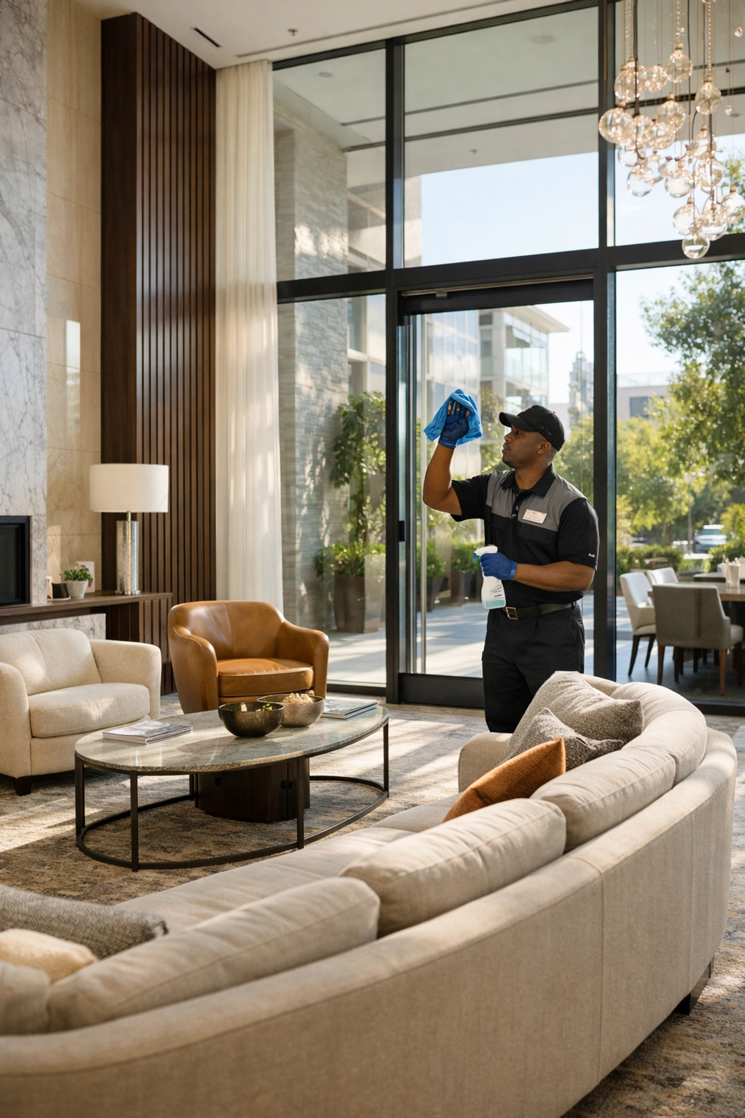 Reliable day porter cleaning glass doors at a luxury property in Hoboken, New Jersey.