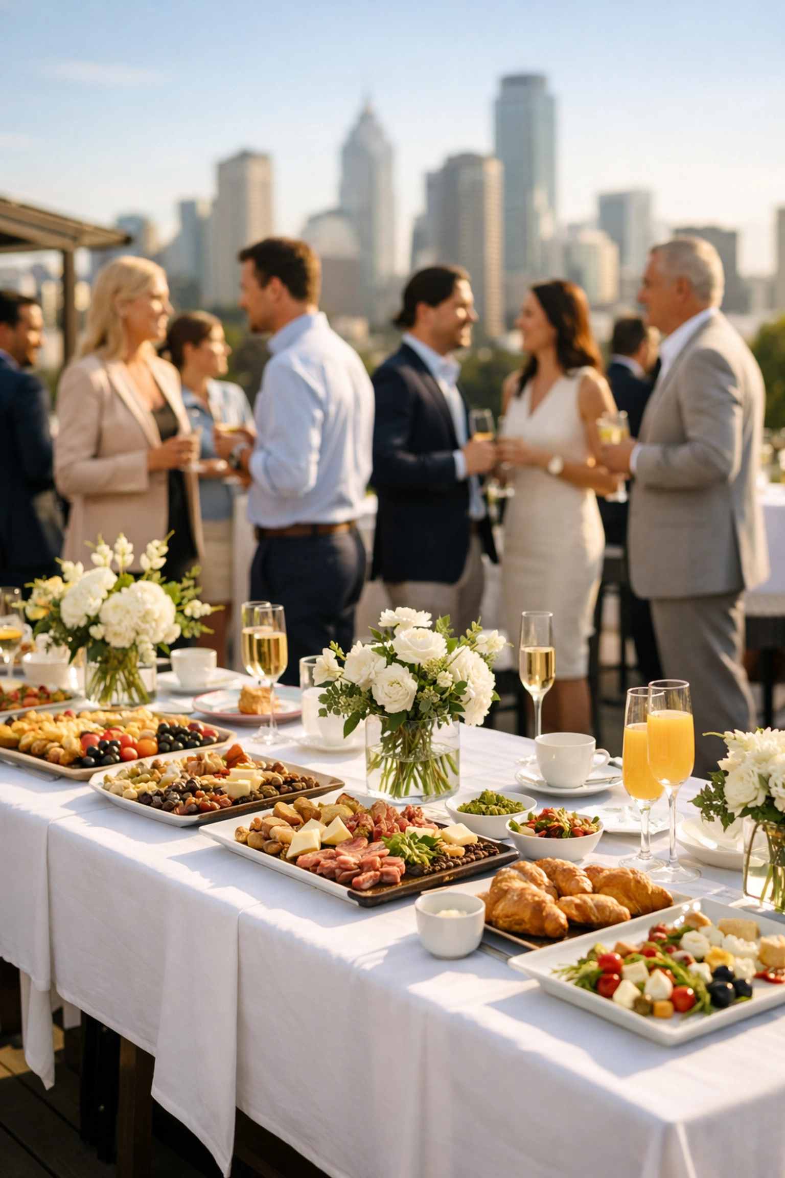 Professional corporate networking brunch on a terrace as part of a multi-day Super Bowl hospitality program.