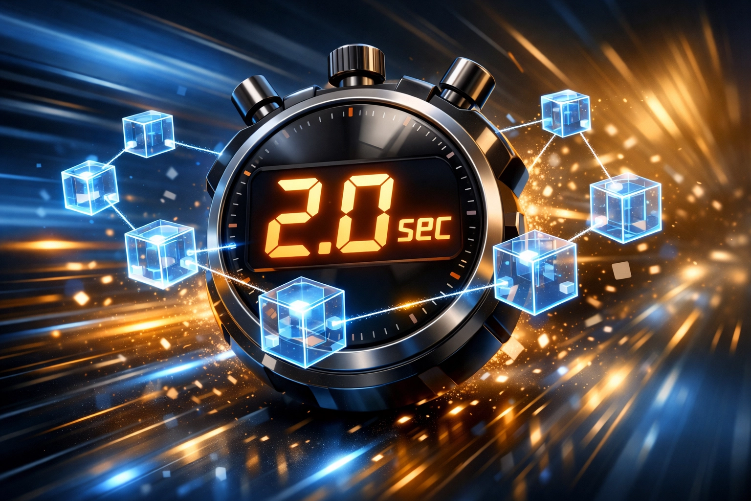 Digital timer showing LareBlocks 2-second transaction settlement speed compared to traditional payments