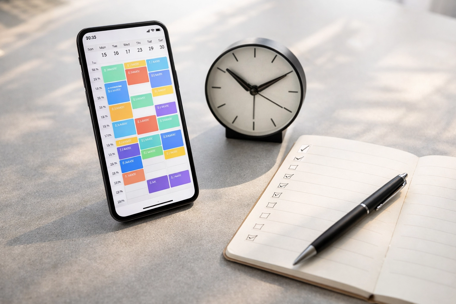 Smartphone calendar beside a desk clock and checklist notebook—visualizing peak-season time management and deadlines.