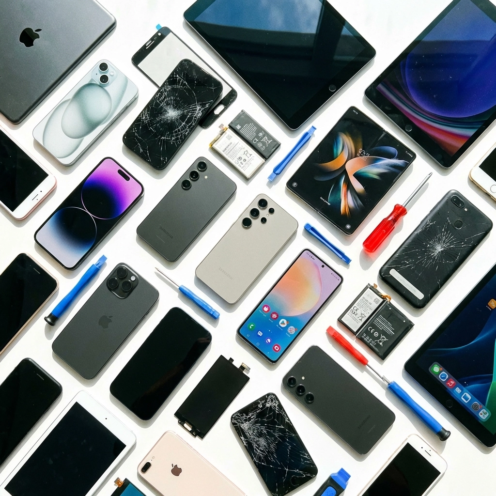 Variety of smartphones and tablets with cracked and fixed screens, representing screen repair Brooklyn services