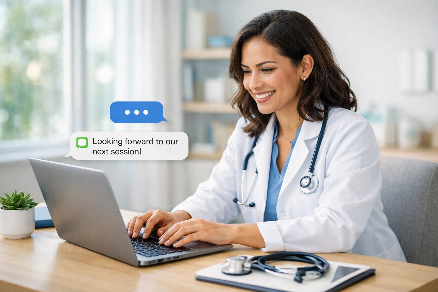 Licensed female physician providing secure text-based women's health consultation online