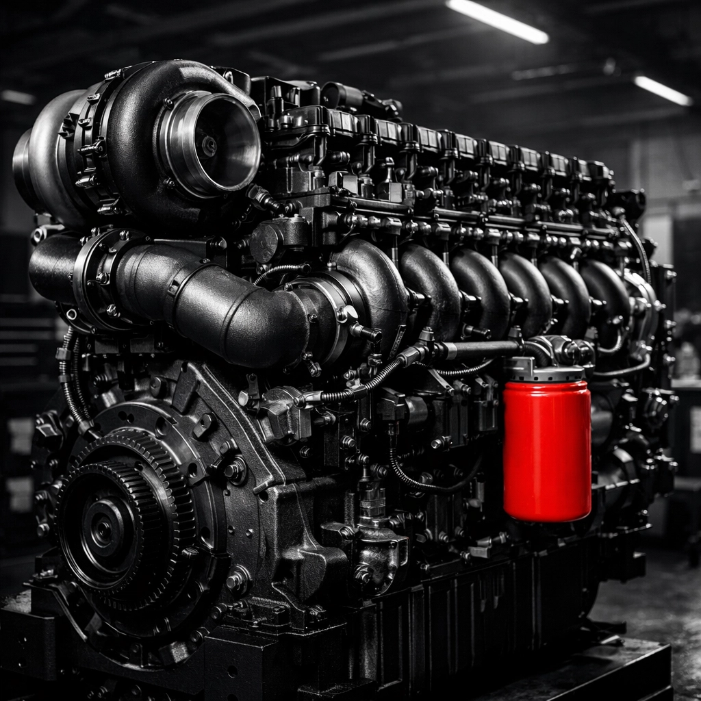 Heavy-duty diesel engine block in a clean workshop showing regular fleet maintenance.