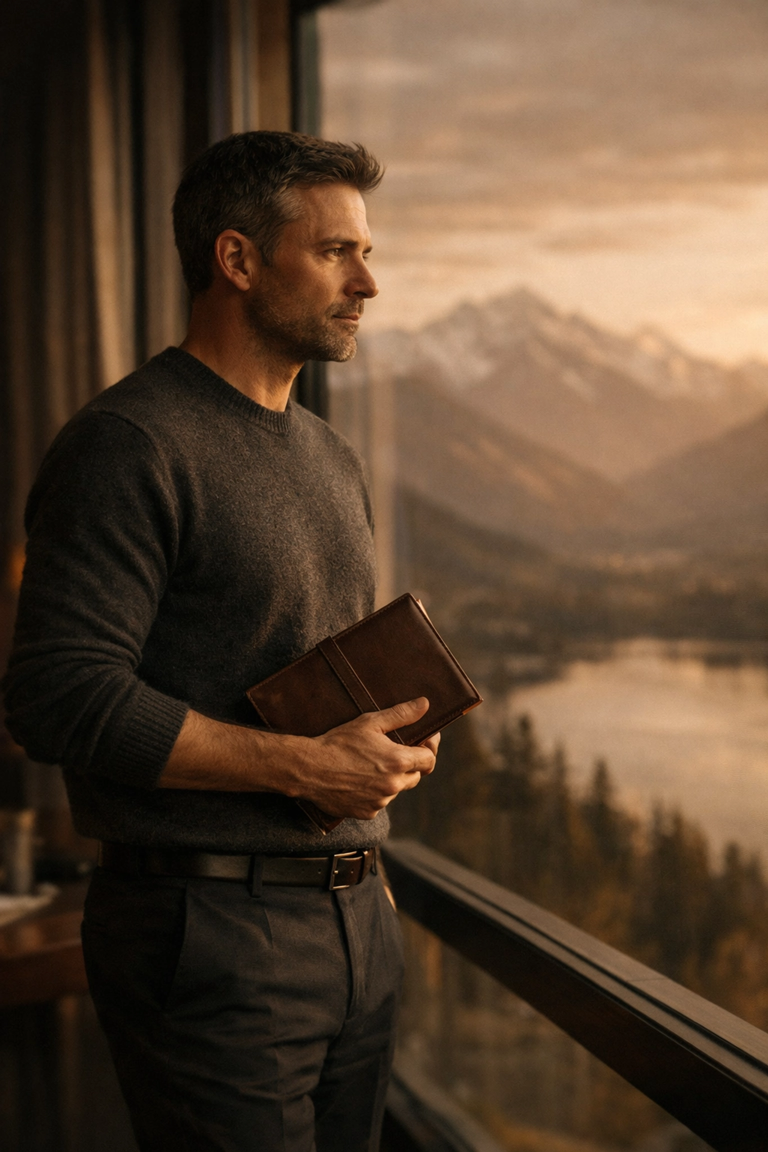 Executive leader contemplating strategic decisions overlooking mountain vista with journal Executive leader contemplating strategic decisions overlooking mountain vista with journal