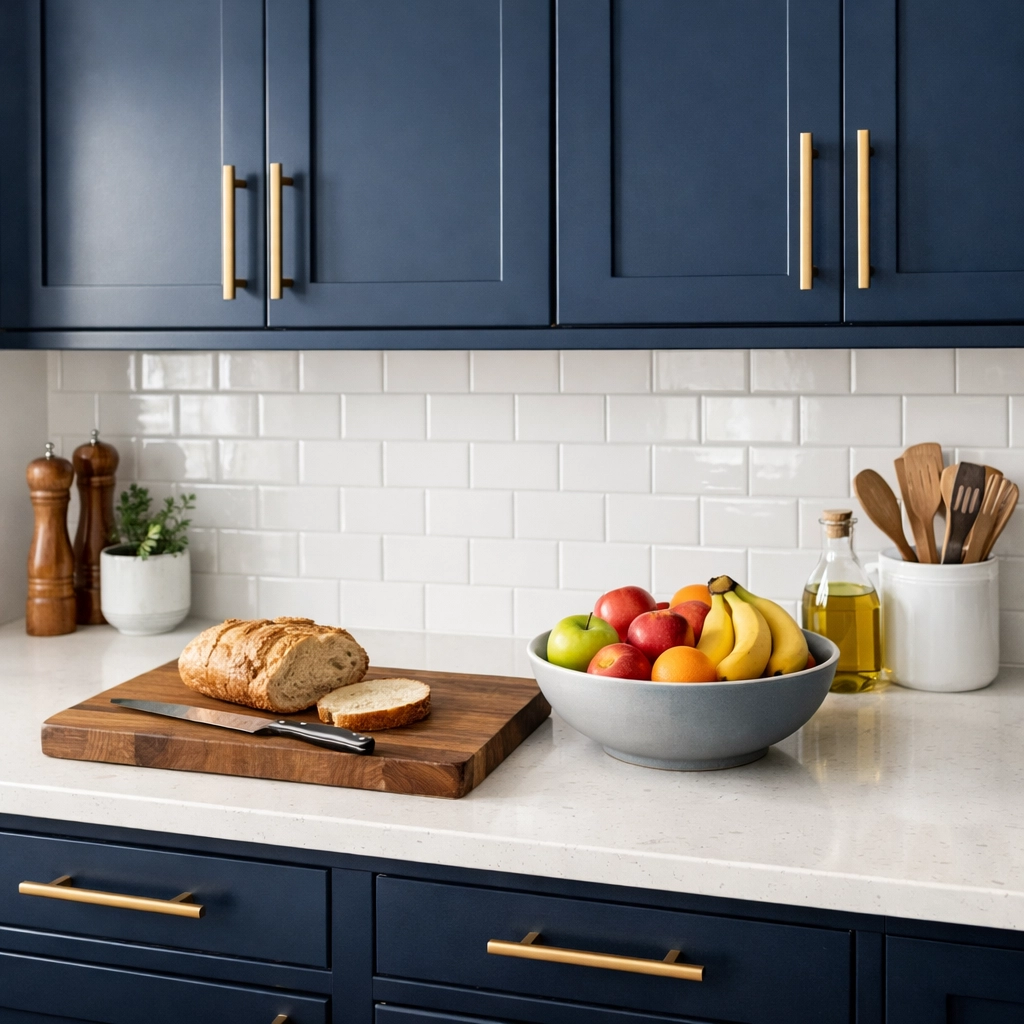 Navy blue kitchen cabinets with gold handles highlighting a high-end kitchen makeover.